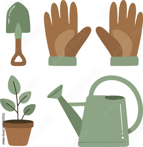 Set of gardening tools and items including gloves, trowel, watering can, and potted plant