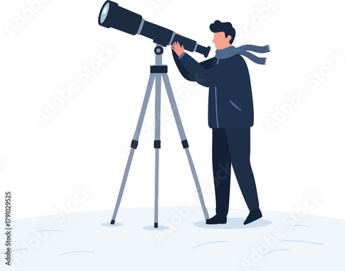 A person in winter clothing observes the sky through a telescope set on a tripod