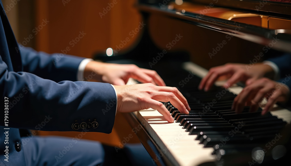 Fototapeta premium Man in suit plays a grand piano. Musician hands touch the black and white keys creating a melody. Pianist performs classical music at a concert hall. Artist playing an acoustic instrument.
