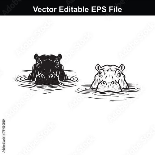 Two hippopotamus heads emerging from water, one black silhouette and one detailed illustration