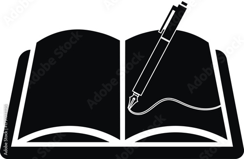 Black silhouette vector of open notebook with pen for writing studying and educational illustration concepts