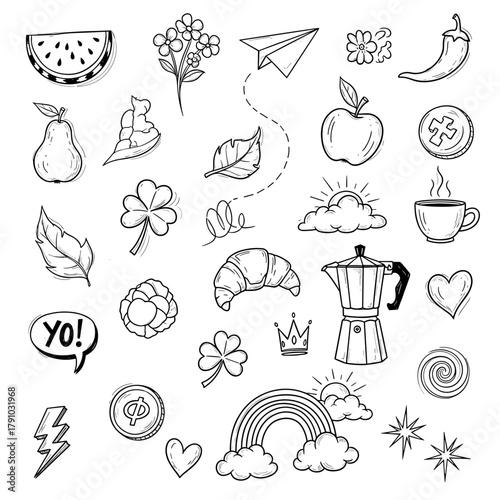 Hand drawn doodle set featuring a variety of everyday objects and symbols, perfect for adding a whimsical touch to any design project
