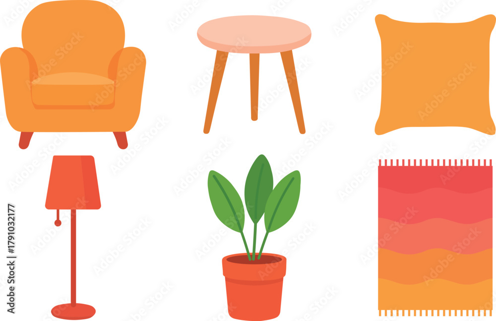 Fototapeta premium Modern colorful set of flat-style illustrations of cozy home decor and indoor plants, isolated on a transparent background