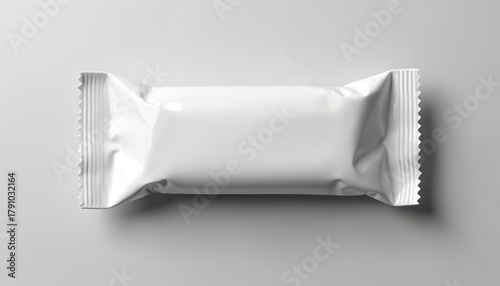 White snack bar wrapper on isolated background. Blank glossy plastic package mockup for food branding design. Clean empty pouch for candy chocolate protein bar. Isolated foil container for cookie