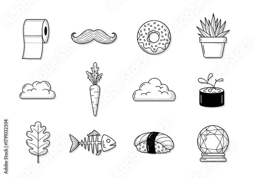 Collection of quirky monochrome doodles, featuring a toilet paper roll, mustache, donut, plant, cloud, carrot, fishbone, and sushi