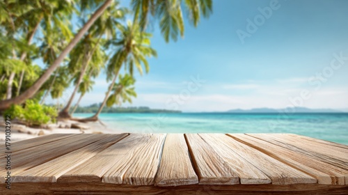 A sunny beach scene featuring swaying palm trees and a rustic wooden table overlooking the ocean.