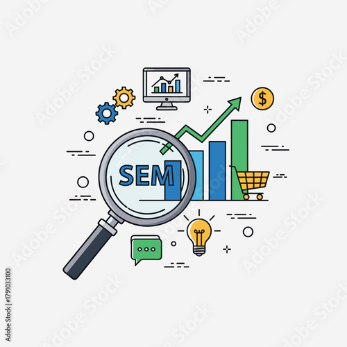 An illustration showing search engine marketing with a magnifying glass over the letters sem, a computer monitor, a chart, a dollar sign, a shopping cart, and a light bulb