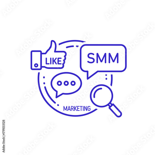 An illustration showing social media marketing with a like icon, speech bubbles, the letters smm, a magnifying glass, and the word marketing