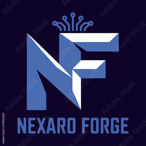 Nexaro Forge NF monogram variant with circuit crown and beveled letters, tech startup emblem on dark background for cybersecurity branding