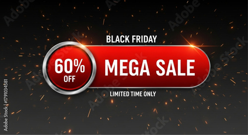 Captivating 'Black Friday Mega Sale' banner with a striking red button promoting a massive 60% discount. Featuring dynamic design and limited-time offer. vector illustration