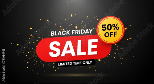 A dynamic announcement for Black Friday sale, with a bold design and enticing offer of a 50% discount for a limited time only, crafted to grab attention and boost sales. vector illustration