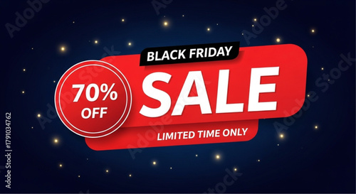 A vibrant, eye-catching promotional banner for a Black Friday sale, offering a tempting 70% discount. The design is sleek, modern, and effective at drawing attention. vector illustration