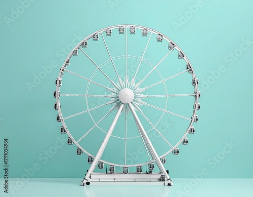 Minimalist White Ferris Wheel with Passenger Cabins Against a Solid Teal / Mint Green Background