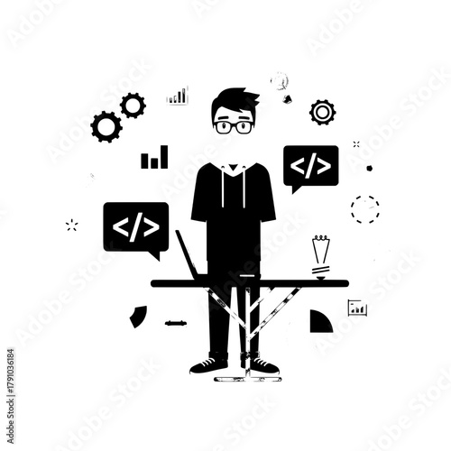Focused programmer in glasses and hoodie developing software on a laptop at a desk in an abstract digital workspace with floating code and data graphics