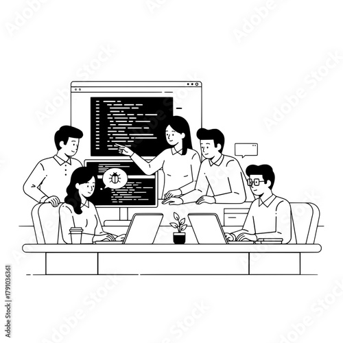 Collaborative professional software development team debugging code shown on computer screens in a modern tech office setting
