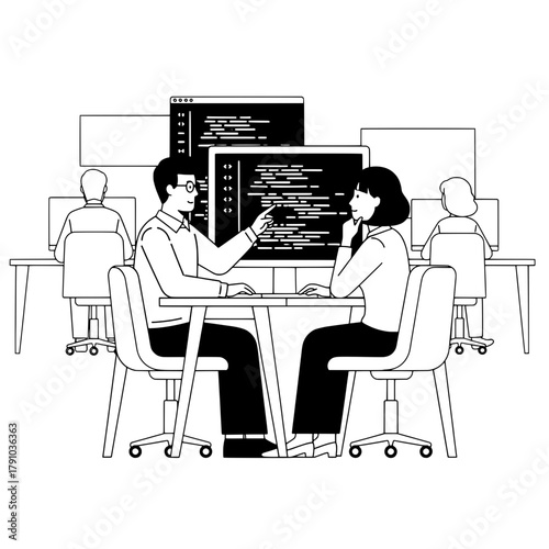 Professional software developers collaborating and discussing code on computers in a modern office workplace showing teamwork