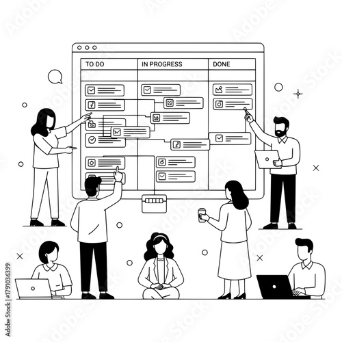 Diverse business professionals collaborating on task management at a digital Kanban board visualizing project progress for agile workflow efficiency