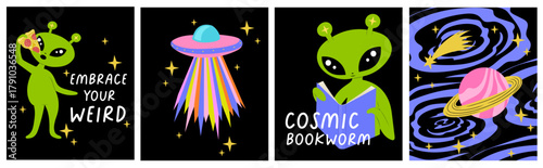 Cute Alien Reading, Flying Saucer, Planets, Galaxy, and Pizza-Loving Extraterrestrial Design. Greeting Card Set, Banner, Poster, Cover Templates