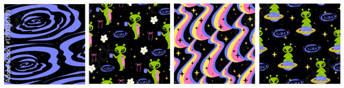 Seamless Vector Pattern – Cute Introvert Alien with Cat, Tea, Galaxies, Flowers, Planets, and Stars for Fabric, Wrapping Paper, and Stationery