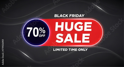 A vibrant promotional graphic for Black Friday highlights a spectacular Huge Sale with a bold 70% off discount, set against a sleek and modern design with dynamic glowing lines.  vector illustration