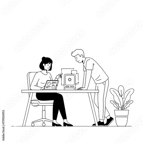 Two tech-focused colleagues discussing tablet data and secure server interaction in a contemporary office environment with a plant