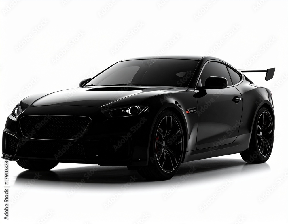 Obraz premium Sleek Black Sports Car or Luxury Coupe with a Large Rear Spoiler, Isolated on a Clean White Background