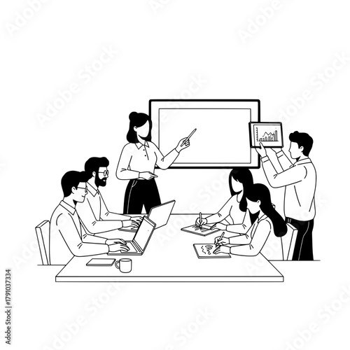 Diverse business professionals actively collaborating discussing data insights in a modern office boardroom with a whiteboard and digital devices for teamwork