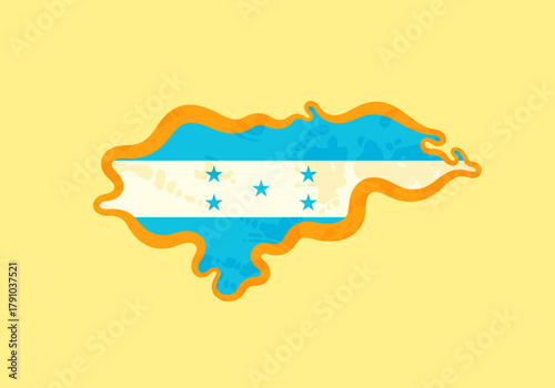 Map of Honduras colored with the flag and marked with a golden line in grunge vintage style.