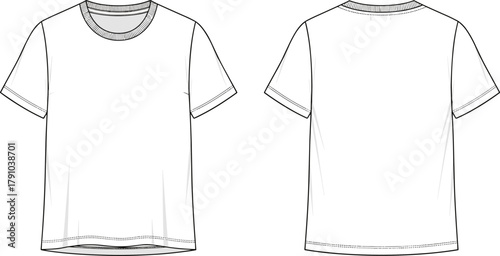 Basic short sleeve t-shirt front and back technical flat sketch, unisex fashion apparel CAD design template, clothing vector drawing, cad drawing flat vector illustration