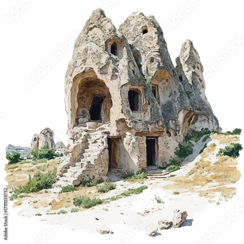 watercolor of Cappadocia, vector, isolated on a white background.