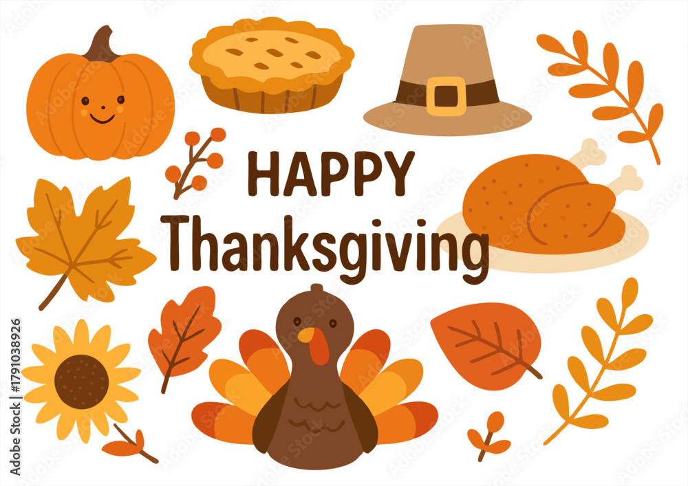Fototapeta premium Colorful Thanksgiving illustration with pumpkin, turkey, pie, hat, leaves, sunflower, and berries in warm autumnal tones and playful designs