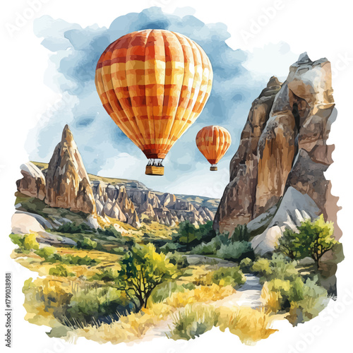 Cappadocia, watercolor illustration vector, isolated on a white background.