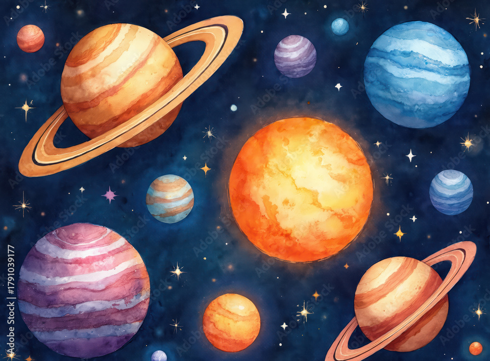 Naklejka premium Watercolor planets and stars fill dark cosmic space. Colorful spheres float in galaxy with nebula clouds. Solar system illustration offers wonder for kids and adults education.