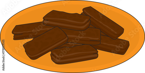 A vector illustration showing a pile of rectangular chocolate sandwich cookies with cream filling, served on an orange plate