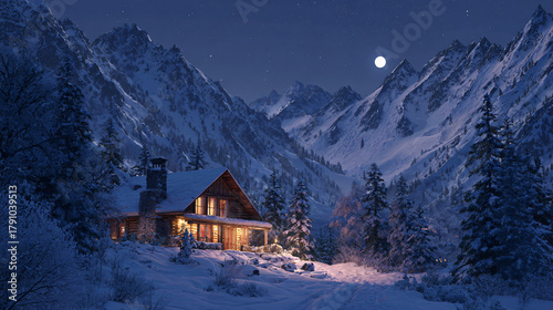 Wallpaper Mural Christmas peaceful night in mountain lodge  Torontodigital.ca