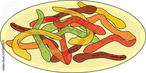 A vector illustration showing a pile of colorful, gelatinous snake-shaped candies on a light yellow oval serving plate.