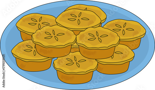 A vector illustration showing a pile of golden, round savory pies with crust vents, served on a blue oval plate