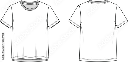 Basic t-shirt front and back technical flat sketch, unisex apparel fashion design CAD template, casual clothing vector drawing illustration, cad drawing flat vector illustration