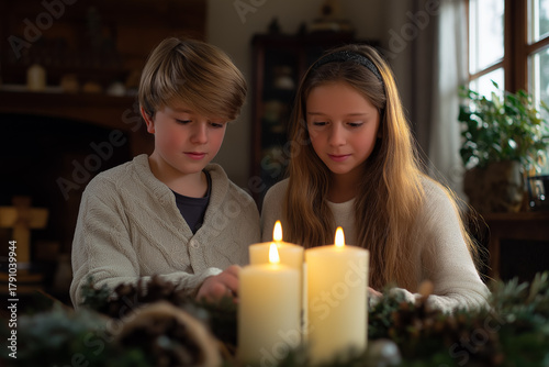 Two young children gaze thoughtfully at the soft glow of candlelight surrounded by festive greenery.