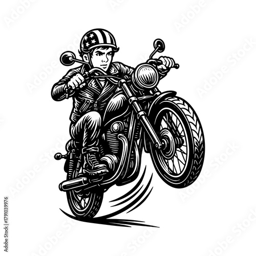 Motorcyclist Performing Wheelie Illustration – Vintage Biker Art for Motorcycle Club Logos, Racing Posters, and Adventure Graphic Projects