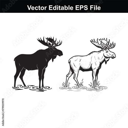 Two moose, one in silhouette and one detailed drawing, standing in water, vector editable eps file