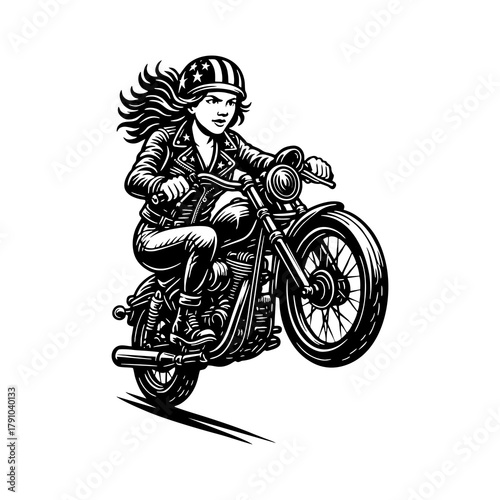 Female Biker on Motorcycle Illustration – Vintage Woman Rider Performing Wheelie for Racing Posters, Motorcycle Club Logos, and Adventure Art