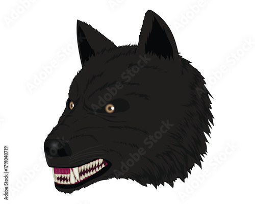 Vector illustration design of a black wolf head with sharp eyes and sharp teeth that looks scary