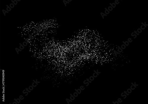 Sugar powder isolated on black background. Backdrop with white grain noise particles. Snow effect texture. Falling salt crystals. Snowflakes in motion.