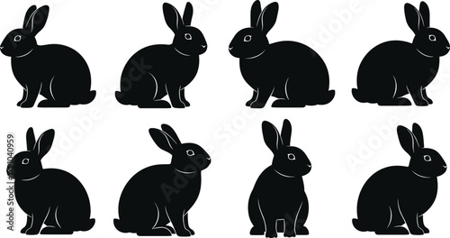 Black rabbit silhouette vector set, cute bunny animal shapes, minimalist wildlife illustration for design, logo, and decoration use