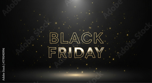 Black Friday Celebration: Elegant golden text Black Friday glows against a dark, dynamic backdrop, sprinkled with shimmering particles that evoke excitement. vector illustration