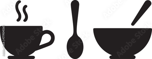 Black silhouette of a steaming coffee cup a spoon and a bowl with a spoon hot drink 1