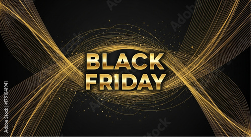 An eye-catching visual promoting the biggest sale of the year Black Friday with gold text is superimposed over a black background.  vector illustration