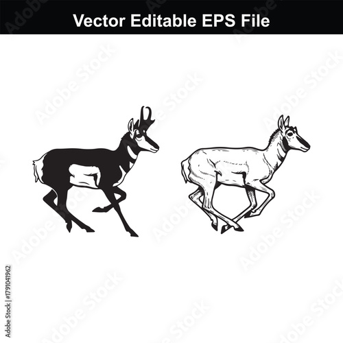 Two pronghorn antelopes running, one in silhouette and one as a sketch