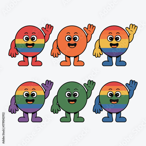 Six cartoon characters with round bodies and arms and legs waving hello vector